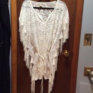 Lucky brand belted, lace cover up shirt w fringe